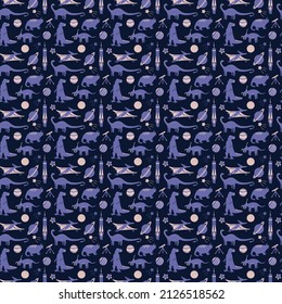 Seamless pattern vector dinosaur illustration and space stuff in colorful trendy colors. Pink, violet, very peri. kids nursery products, fabric and textile. Spaceship and cute dinos for kids projects