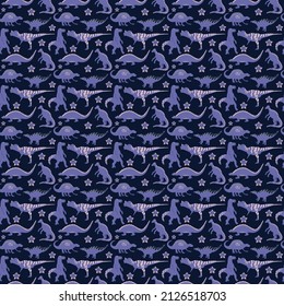 Seamless pattern vector dinosaur illustration and space stuff in colorful trendy colors. Pink, violet, very peri. kids nursery products, fabric and textile. Spaceship and cute dinos for kids projects