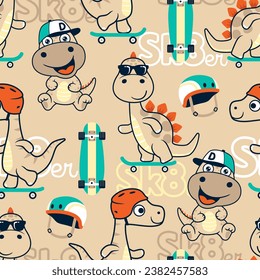 Seamless pattern vector of dinosaurs skateboarding