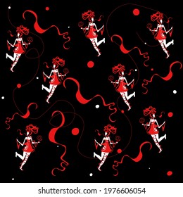 Seamless pattern. Vector. Dnvushka in a fancy dress. Masquerade, theater, costume, streamer, candy wrapper. Passion, red, burgundy. black and red coloring. Graphics. Sexy image. 