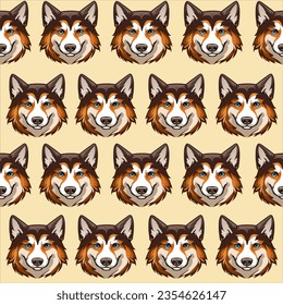 Seamless pattern with vector dog Siberian Husky. Cute cartoon pet.