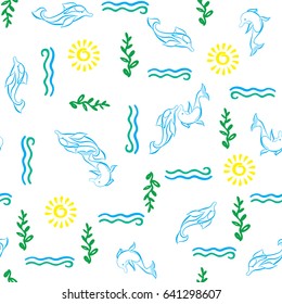 Seamless pattern in vector. Dolphins pattern random arrangement with waves and sea plants. Pattern for textiles, Wallpaper, and skins