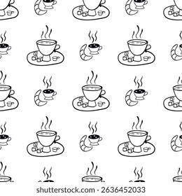 Seamless pattern with vector doodle cup and croissant. Can be used for making wallpaper, fabrics and other types of products