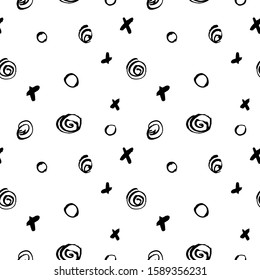 Seamless pattern of vector doodle elements. Crosses, dots, brush strokes, curls drawn by hand with ink.