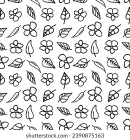 Seamless pattern with vector doodle floral graphic elements. Hand drawn botanical flowers,  plants and branches illustrations on white background.