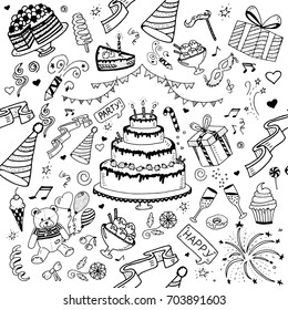 Seamless pattern Vector doodle Happy birthday hand drawn of Birthday sweets, party hats, blowouts, cake, balloons and fireworks, boxes, bows set
