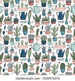 Seamless pattern with vector doodle icons of home plants in pots. Cute pastel colored lined cacti and succulents in different shapes and sizes. Stickers on the theme of gardening and home comfort.