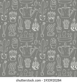 Seamless pattern with vector doodle icons of home plants in pots. Lined cacti and succulents in different shapes and sizes. Stickers on the theme of gardening and home comfort.