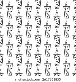 Seamless pattern with vector doodle paper cup of coffee. Can be used for making wallpaper, fabrics and other types of products