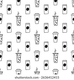 Seamless pattern with vector doodle paper cup of coffee. Can be used for making wallpaper, fabrics and other types of products