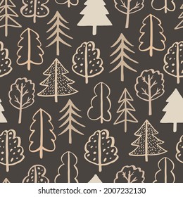 Seamless pattern vector doodle trees. Hand-drawn contour doodle trees in the Scandinavian style for packaging paper, wallpaper, cosmetics design