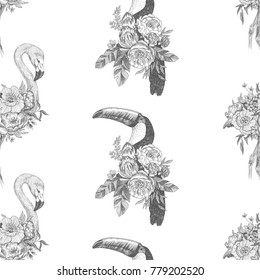 Seamless pattern. Vector drawing bird Flamingo, toucan with blooming flowers. Tropical concept. flower concept.