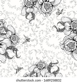 Seamless pattern. Vector drawing. Flower with leaves on a white background. Use printed materials, signs, objects, sites, maps.