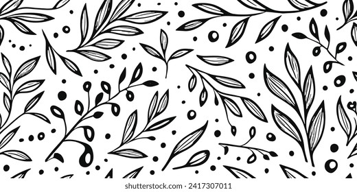 Seamless pattern, vector drawing of leaves and plant elements, natural background