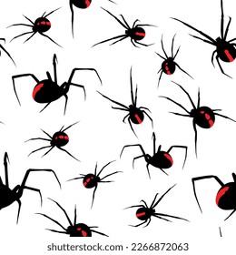 Seamless pattern. Vector drawing of poisonous spiders Karakurt. Arachnophobia set