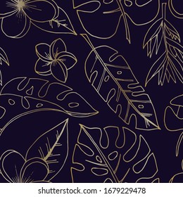 Seamless pattern. Vector drawing of tropical leaves. Beautiful decorative design