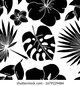 Seamless pattern. Vector drawing of tropical leaves. Beautiful decorative design
