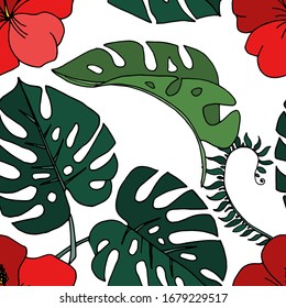 Seamless pattern. Vector drawing of tropical leaves. Beautiful decorative design