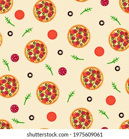 seamless pattern vector drawing of a whole round pizza with tomatoes, pepperoni sausage, olives cheese and arugula.