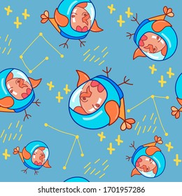 Seamless pattern with vector drawing of a yellow astronaut bird with  in a helmet a crest on a blue background. Style is flat, sticker, print on fabric. 