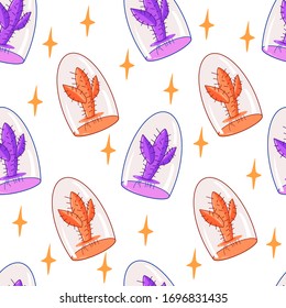 Seamless pattern with vector drawings of cosmic flowers in flasks flat, cartoon on a white isolated background. Color pattern, bright, children`s background