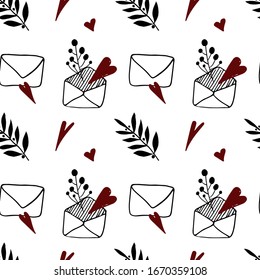 Seamless pattern of vector drawings in doodle style. Letters, branches and hearts isolated on white background.
Cute linear sketches for wrappers, textiles, wallpapers, postcards.