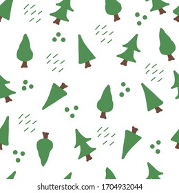 Seamless pattern with vector drawings of green trees on a white isolated background. Color pattern, natural pattern, children`s background