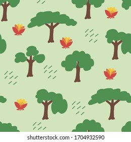 Seamless pattern with vector drawings of green trees on green background. Color pattern, natural pattern, children`s background