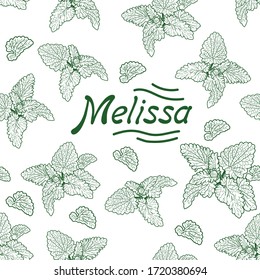 Seamless pattern with vector drawings of handmade lemon balm twigs on a white isolated background. Melissa is flat, cartoony. Registration of cards, menus, banners, printing on fabric, covers
