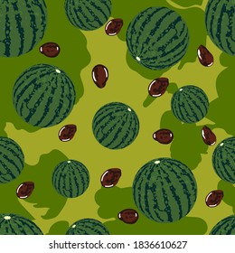 Seamless pattern vector drawings of handmade watermelon berries on a pastel background, flat design, cartoon. Sweet background, symbol, packaging, gifts, holiday, postcard, decoration.