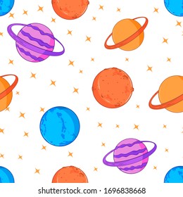 Seamless pattern with vector drawings of planets on a starry sky flat, cartoon on a white isolated background. Color pattern, bright, children`s background