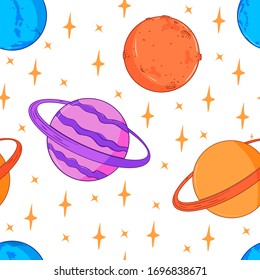 Seamless pattern with vector drawings of planets on a starry sky flat, cartoon on a white isolated background. Color pattern, bright, children`s background