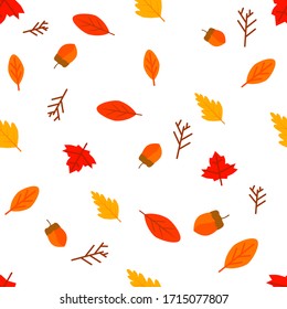 Seamless pattern Vector drawn flat design autumn leaves red orange color, layer mix autumn leaves layout on white cool background isolated 