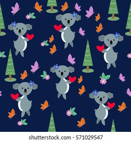 Seamless pattern of vector drawn trees, koala, butterflies and flowers.
