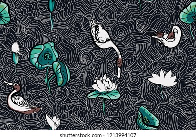 Seamless Pattern Vector Ducks and Lotus in Pond, Birds Water Waves, Black Background
