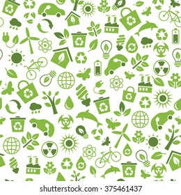 Seamless pattern with vector Eco Icons in flat style. Ecology, Nature, Energy, Environment and Recycle Icons. Green icons on white background for your design.