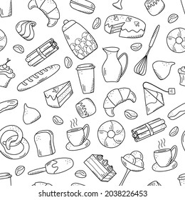 Seamless pattern Vector elements of sweet snacks and pastries, coffee dishes. Excellent for decorating cafes and menus. Doodle icon style.