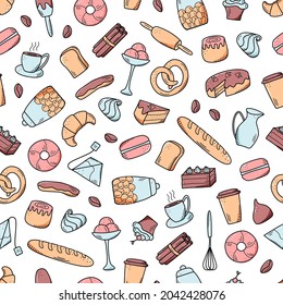 Seamless pattern Vector elements of sweet snacks and pastries, coffee dishes. Excellent for decorating cafes and menus. Doodle icon style.