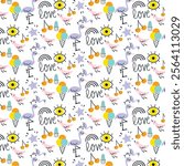 seamless pattern, vector, emoji, groovy, smile, emoticon, vintage, y2k, backdrop, decoration, fun, retro, fox, personage, outline,