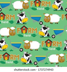 Seamless pattern vector of farm animals cartoon, farm field elements