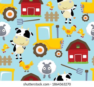 Seamless pattern vector of farm animals with farming elements cartoon
