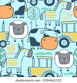 Seamless pattern vector of farm animals cartoon with tractor