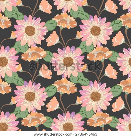 seamless pattern vector featuring a moody botanical theme over a solid dark gray or charcoal black background. The sophisticated design displays detailed, hand-drawn garden flowers including blooming chrysanthemums, coneflowers, and delicate orange buds with soft green leaves and winding brown stems. With its striking color palette of pastel pink, peach, apricot orange, and sage green against a dark backdrop, this repeatable pattern is ideal for luxury textiles, apparel, modern wallpaper, dark-themed packaging, and stylish stationery.