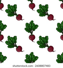 A seamless pattern vector featuring vibrant red beetroots with green leaves on a white background. The beetroots are illustrated in a stylized manner, creating a fresh and organic feel.