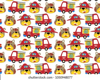 Seamless pattern vector. Fire truck with funny bear using firefighter helmet and smiling cat. 