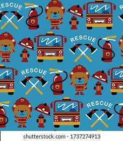 Seamless pattern vector of firefighter elements cartoon with funny bear in fireman costume