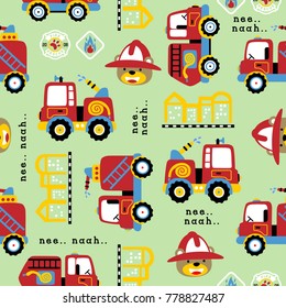 seamless pattern vector of firetruck elements with funny bear cartoon wearing fireman helmet