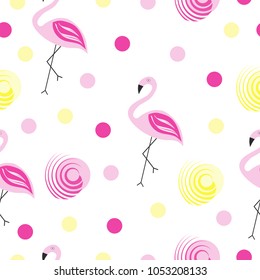 seamless pattern vector with flamingos and polka dots

