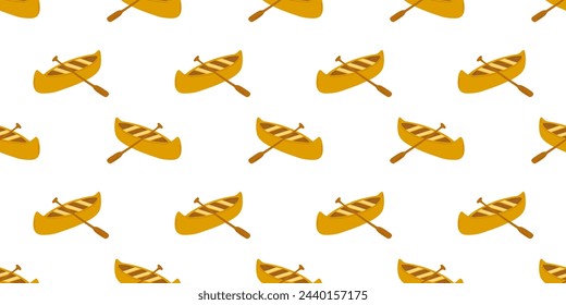 Seamless pattern with vector flat canoe isolated on white. Cartoon kayak with paddle