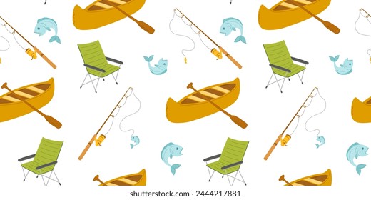 Seamless pattern with vector flat canoe, fish and fishing rod isolated on white. Cartoon kayak with paddle